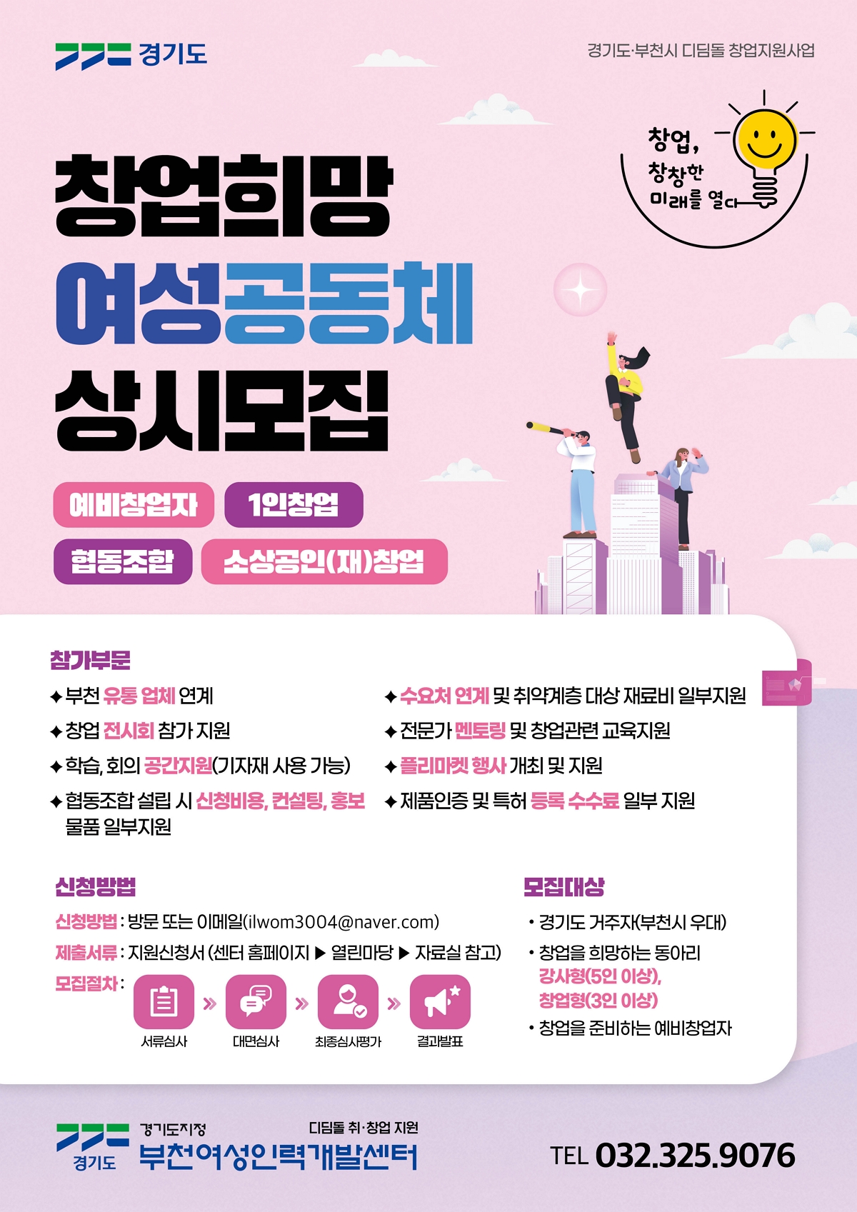 경기도·부천시 디딤돌 창업지원사업-창업, 창창한 미래를 열다 | 창업희망 여성공동체 상시모집 | 예비창업자, 1인창업, 협동조합, 소상공인(재)창업 | 참가부문: - 부천 유통 업체 연계 - 창업 전시회 참가 지원 - 학습, 회의 공간지원(기자재 사용 가능) - 협동조합 설립 시 신청비용, 컨설팅, 홍보물품 일부지원 - 수요처 연계 및 취약계층 대상 재료비 일부지원 - 전문가 멘토링 및 창업관련 교육지원 - 플리마켓 행사 개최 및 지원 - 제품인증 및 특허 등록 수수료 일부 지원 | 신청방법: 신청방법: 방문 또는 이메일(iiwom3004@naver.com) 제출서류: 지원신청서(센터 홈페이지 > 열린마당 > 자료실 참고) 모집절차: 서류심사 > 대면심사 > 최종심사평가 > 결과발표 | 모집대상: - 경기도 거주자(부천시 우대) - 창업을 희망하는 동아리 강사형(5인 이상), 창업형(3인 이상) - 창업을 준비하는 예비창업자 | 경기도지정 디딤돌 취·창업 지원 | 부천여성인력개발센터 TEL 032.325.9076