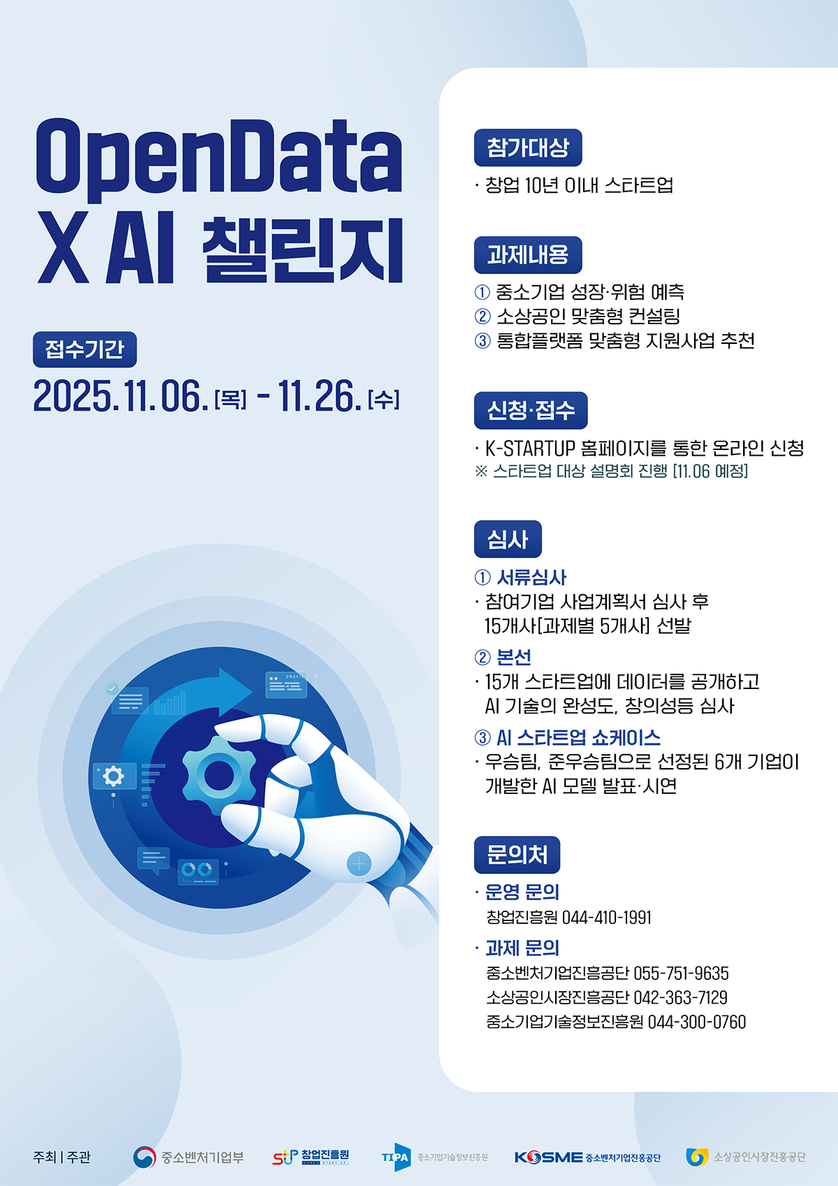 OpenData X AI 챌린지 | 접수기간 2025.11.06.[목] ~ 11.26.[수] | 참가대상 창업 10년 이내 스타트업 | 과제내용 ① 중소기업 성장·위험 예측 ② 소상공인 맞춤형 컨설팅 ③ 통합플랫폼 맞춤형 지원사업 추천 | 신청·접수 K-STARTUP 홈페이지를 통한 온라인 신청 ※ 스타트업 대상 설명회 진행 (11.06 예정) | 심사 ① 서류심사-참여기업 사업계획서 심사 후 15개사(과제별 5개사) 선발 ② 본선-15개 스타트업에 데이터를 공개하고 AI 기술의 완성도, 창의성 등 심사 ③ AI 스타트업 쇼케이스- 우승팀, 준우승팀으로 선정된 6개 기업이 개발한 AI 모델 발표·시연 | 문의처 운영 문의 창업진흥원 044-410-1991, 과제 문의 중소벤처기업진흥공단 055-751-9635, 소상공인시장진흥공단 042-363-7129, 중소기업기술정보진흥원 044-300-0760